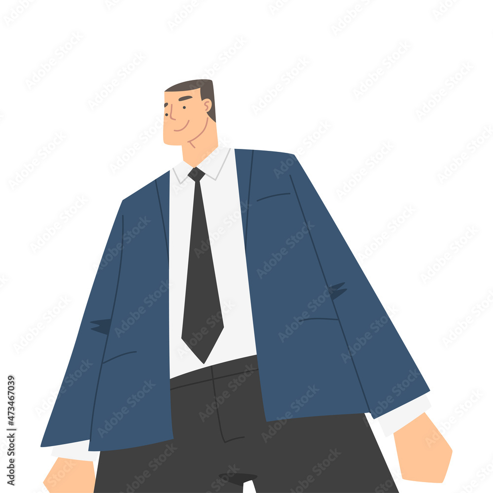 Poster man character in formal suit and tie standing and smiling perspective view vector illustration