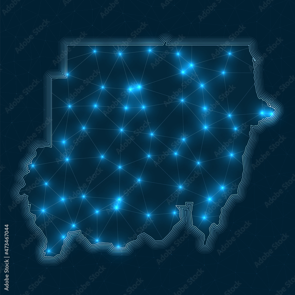 Poster sudan network map. abstract geometric map of the country. digital connections and telecommunication 