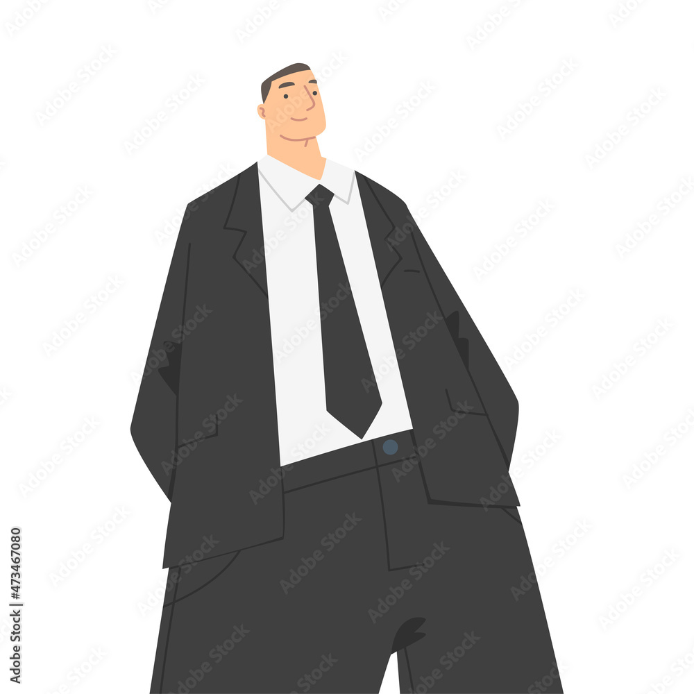 Poster man character in formal suit and tie standing and smiling perspective view vector illustration