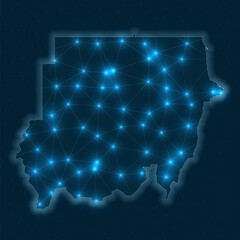 Sudan network map. Abstract geometric map of the country. Digital connections and telecommunication design. Glowing internet network. Cool vector illustration.