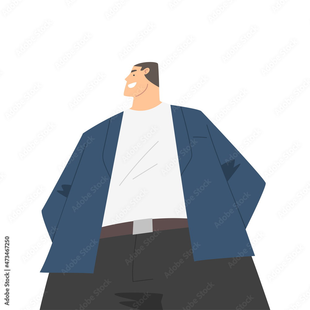 Poster man character in formal suit standing and smiling perspective view vector illustration