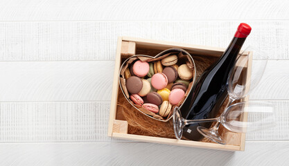 Valentines day macaroons gift and red wine
