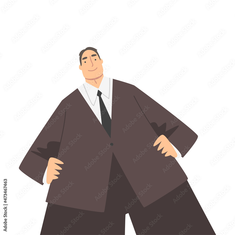 Poster man character in formal suit and tie standing and smiling perspective view vector illustration