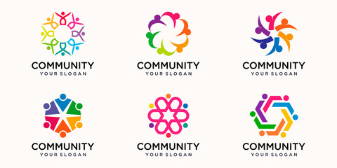 Fototapeta na wymiar set of Creative Colorful community Icon Logo Design Template. Team of four people together icon isolated