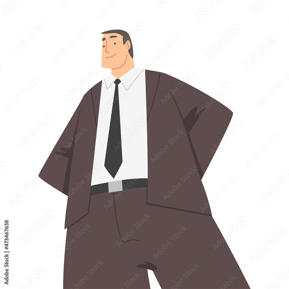 Poster man character in formal suit and tie standing and smiling perspective view vector illustration