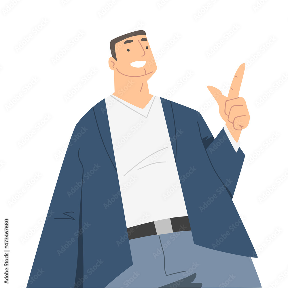 Poster Man Character in Formal Suit Standing and Smiling Perspective View Vector Illustration