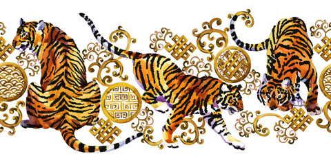 Fototapeta na wymiar Gold tiger seamless pattern. Watercolor tigers in asiat style luxury background