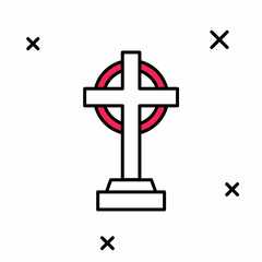 Filled outline Tombstone with cross icon isolated on white background. Grave icon. Happy Halloween party. Vector