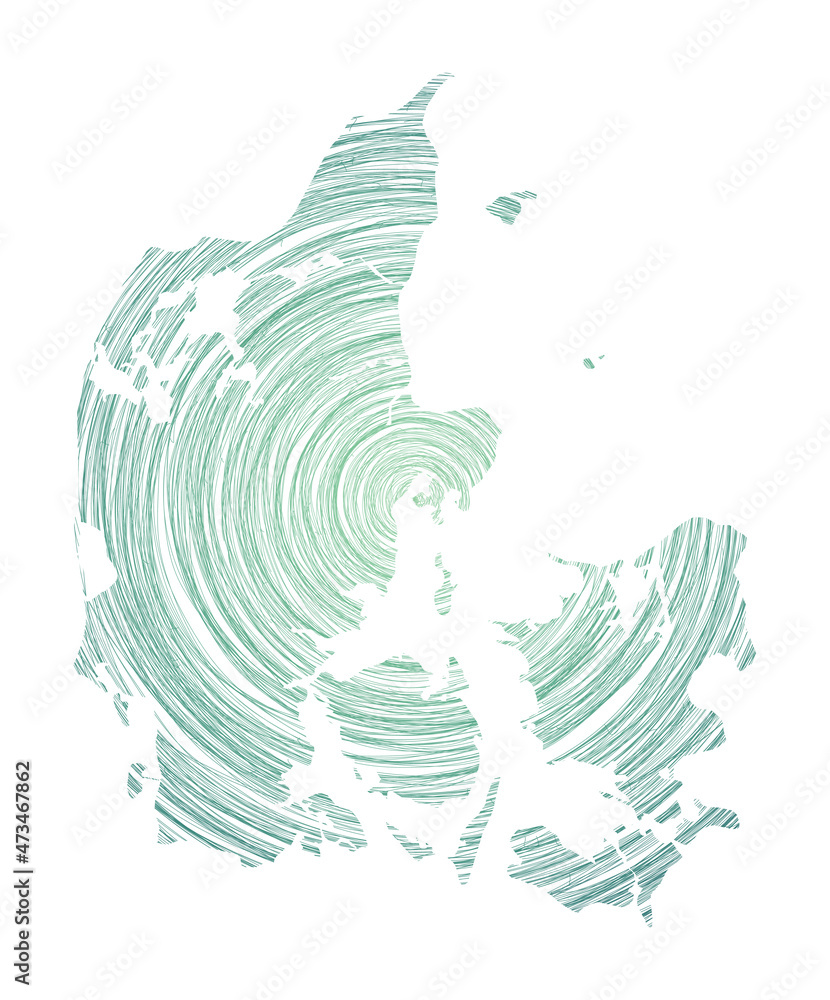 Poster denmark map filled with concentric circles. sketch style circles in the shape of the country. vector