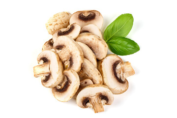 Sliced champignons, isolated on white background.