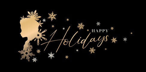 illustration of princess silhouette girl or with snowflake ornament design, abstract background happy holidays letter font applicable for greeting card, invitation birthday, banner, poster winter. © DJOE n REIZ