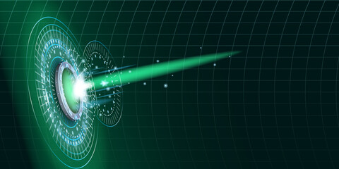 Teleport futuristic portal circle science, sky-fi digital, tunnel with light rays and glows, podium, projector. HUD menu user interface. Vector illustration, black green background