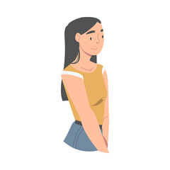 Excited Woman Character Looking at Someone Demonstrating Attention Vector Illustration