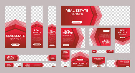 Real Estate web banner design template Set. Vertical, Horizontal and Square banners with standard size and place for photos. Vector design EPS
