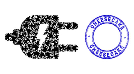 Puzzle electric source mosaic icon with Cheesecake seal stamp. Blue vector round textured seal stamp with Cheesecake caption. Abstract composition of electric source icon designed of puzzle pieces.