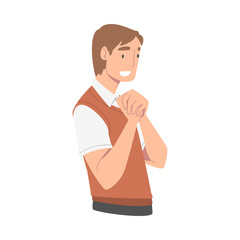 Excited Man Character Looking at Someone Putting Her Hands Together Demonstrating Attention Vector Illustration