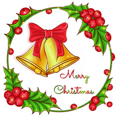 Sprig of holly, ilex, mistletoe berries, green aquifolium leaves. Bells with ribbon. Christmas New Year greeting card. Vector illustration isolated on a white background. Template for banner, postcard