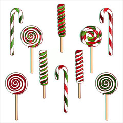 Set of lollipops (lollypops) painted in traditional christmas colors. Collection caramel. Design elements for christmas card. Colorful vector illustration isolated on white background. Hand drawn. 