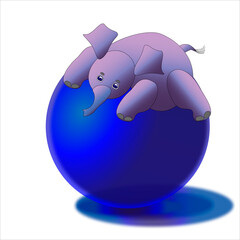 Pink baby elephant on a blue ball.Color vector illustration. Colorful elements on white background
