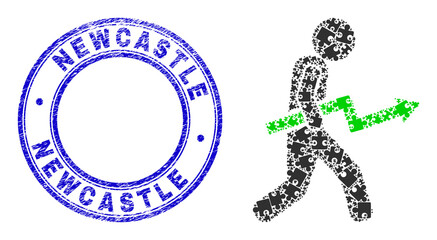 Puzzle trend up courier mosaic pictogram with Newcastle seal. Blue vector round scratched seal with Newcastle phrase. Abstract mosaic of trend up courier icon composed of puzzle glyphs.