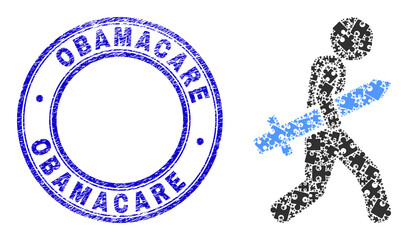 Puzzle sword gunman mosaic icon with Obamacare seal stamp. Blue vector rounded grunge seal stamp with Obamacare message. Abstract composition of sword gunman icon organized of puzzle elements.