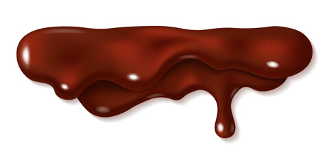 Dripping melted dark or milk chocolate isolated on white background. Realistic vector 3d illustration of brown cream sauce or syrup drop. Horizontal border element. Liquid cocoa