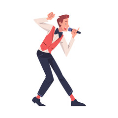 Lottery with Smiling Man Presenter with Microphone Announcing Winner Vector Illustration