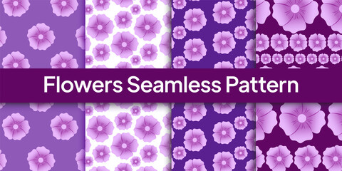 Set Of 4 Purple Flowers Seamless Pattern Isolated Vector Illustration, For scrapbooking, cards, textile, fabric, invitations.