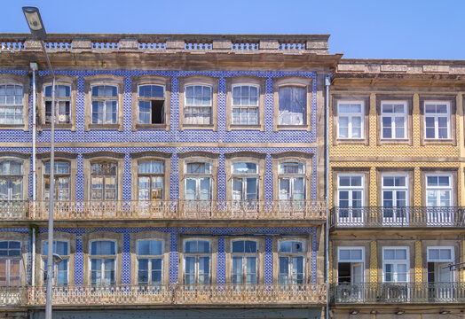 Beautiful house facades with traditional azulejo tiles in Porto. Portugal
