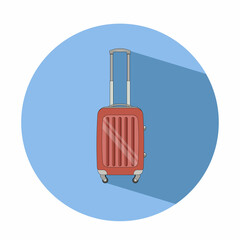 Travel plastic suitcase on wheels illustration icon isolated on blue background 
