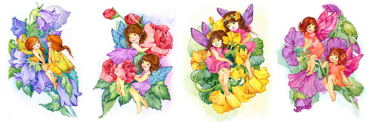watercolor flower Elf illustration. Magic Fairy set
