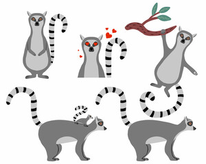 Fototapeta na wymiar Childrens hand-drawn set of lemurs. Lemurs in different poses. The set is suitable for stickers, prints, posters.
