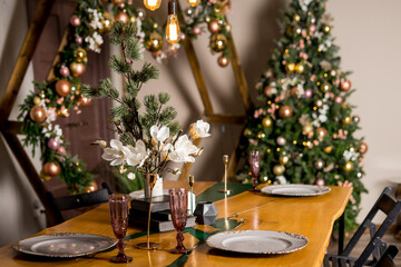 Interior view from living room with a Christmas tree to kitchen and set table served for Christmas or New Year