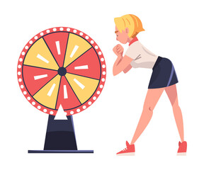 Woman Standing Near Roulette Wheel Waiting for Luck Vector Illustration