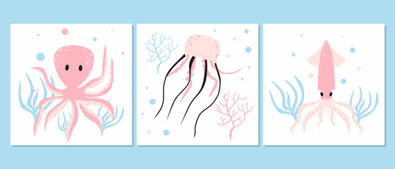 Vector set of baby posters with sea animals. Hand drawn squid, octopus and jellyfish poster set for nursery.