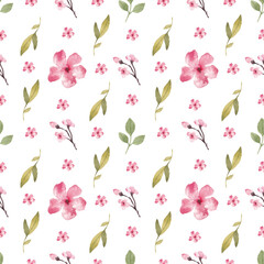 Seamless pattern from a hand-drawn watercolor pink flowers on a white background. Use for menus, invitations