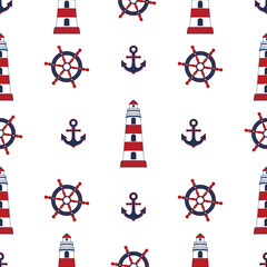 Seamless pattern. Background of marine symbols: anchor, lighthouse, steering wheel. Navy. Vector illustration of nautical elements. Colored web icons for design of wrapping paper and baby clothes.