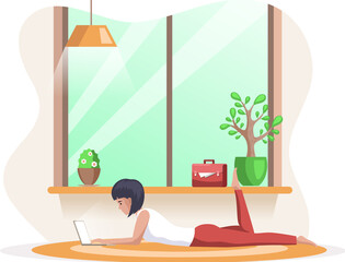 Young business woman is working on laptop computer. Secretary employee in office workspace, businesswoman person, student typing with keyboard communicates on Internet. Working people. Freelancer work