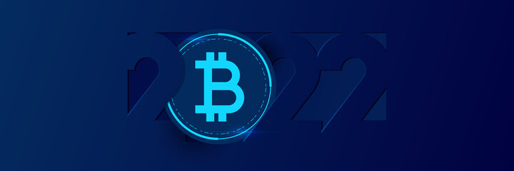 Happy New Year 2022 banner with numbers 2022 and decoration with cryptocurrency coin. Banner template design for New Year decoration with paper cut style in fintech business concept. 