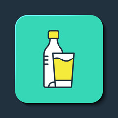 Filled outline Bottle of water with glass icon isolated on blue background. Soda aqua drink sign. Turquoise square button. Vector