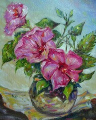 Art painting Hand drawn Oil color  hibiscus rosa-sinensis  flowers in vase from Thailand