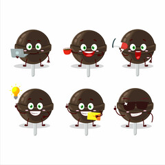Sweet chocolate lolipop cartoon character with various types of business emoticons