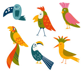 Obraz premium Parrots set. cute cartoon different tropical birds. Bright summer collection with animal characters. Hand draw Vector illustration