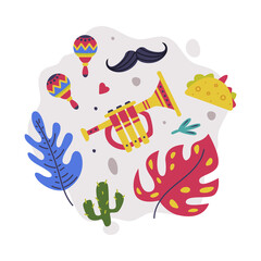 Bright Mexico Object with Trumpet, Moustache and Foliage Element Vector Composition