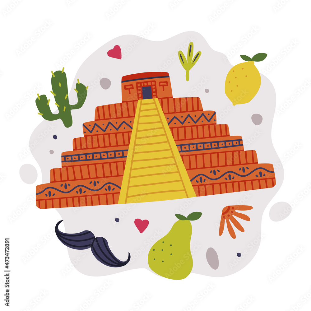 Poster bright mexico object with pyramid and cactus element vector composition