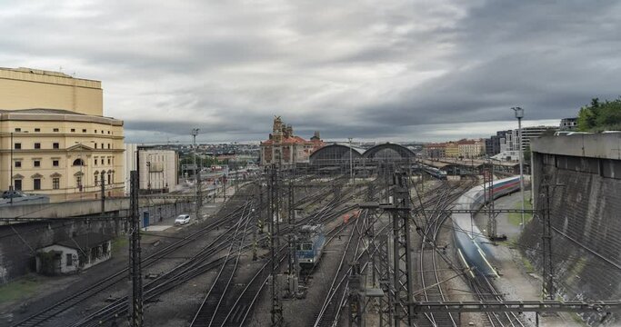 time lapse of derapting trains from Praha hlavn&iacute; n&aacute;draž&iacute; in Prague, railway station