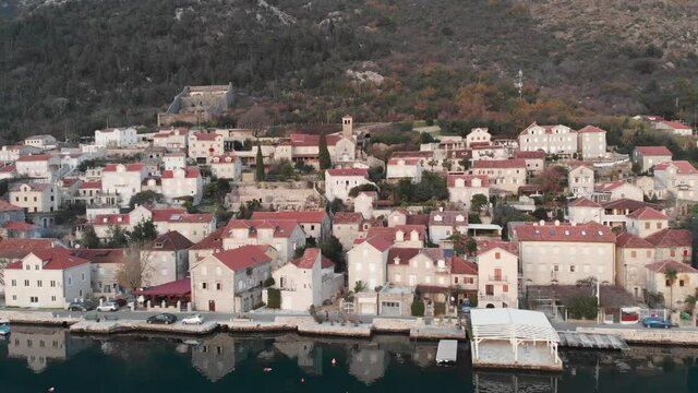 Panoramic view and flight along the city of Perast