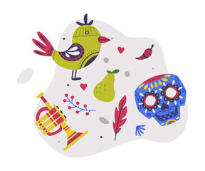 Bright Mexico Object with Skull, Bird and Trumpet Element Vector Composition