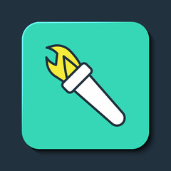Filled outline Torch flame icon isolated on blue background. Symbol fire hot, flame power, flaming and heat. Turquoise square button. Vector