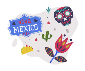 Bright Viva Mexico Object with Flower, Skull and Cactus Element Vector Composition